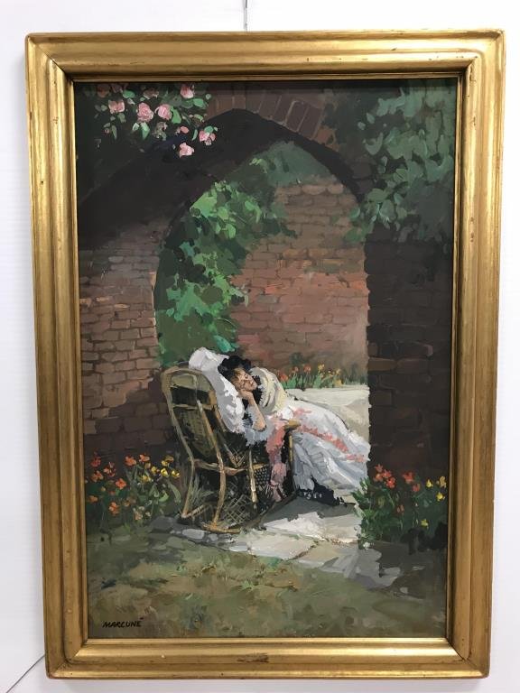 Woman in archway by Ben Marcune: Ben Marcune oil on canvas, young lady in vintage clothes, reclining in an archway chaise lounge. 36 x 24.