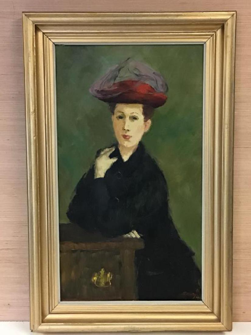 Oil on Canvas by Albert B. Serwazi: Oil on canvas portrait painting of woman titled, "Red Hat with Veil" by American artist, Albert B. Serwazi (1905-1992), paint signed and dated bottom right, "Serwazi N.A. 86." Canvas is set in heavy w