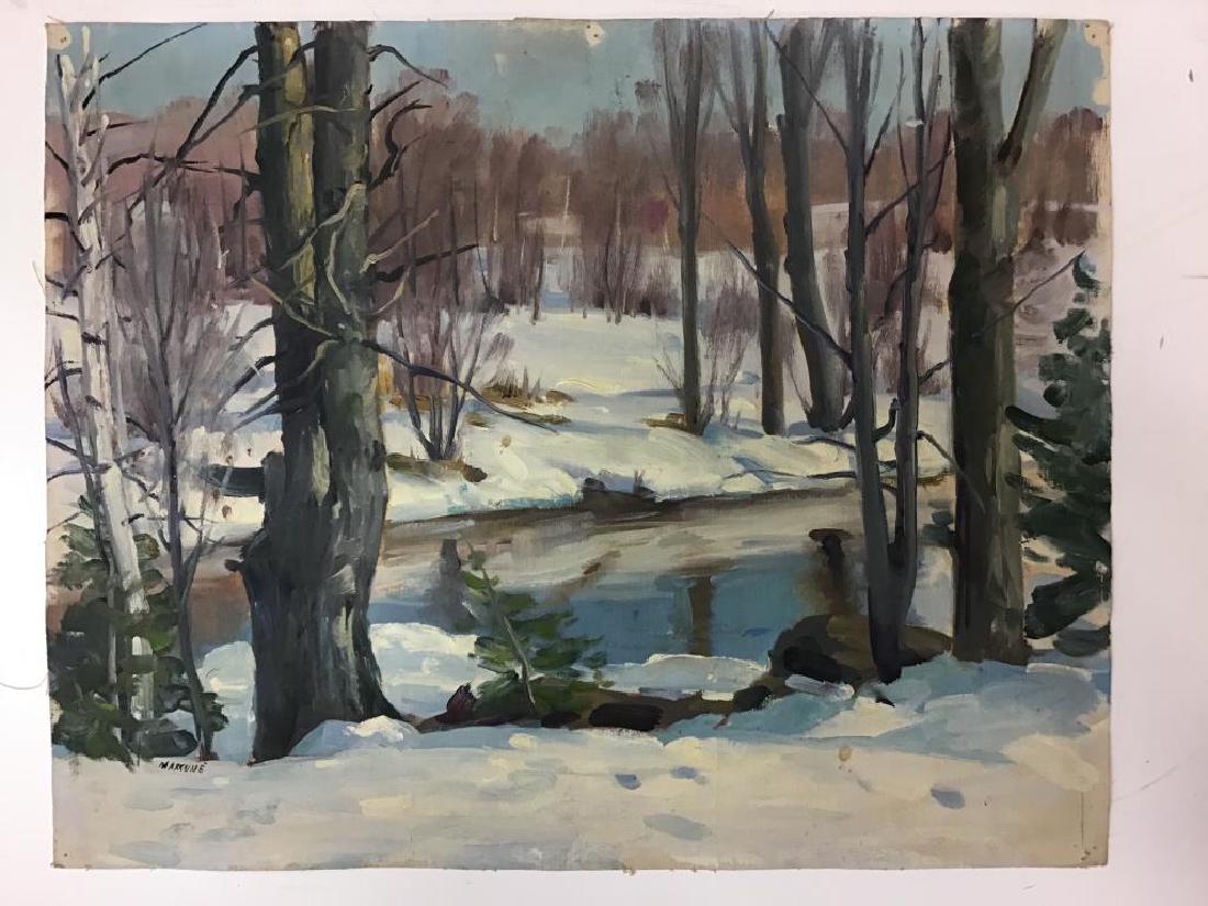 Winter Stream by Ben Marcune: Oil painting on loose canvas, image of a stream in winter, paint signed by artist, Ben Marcune, bottom left. Image measures about 16 inches high by 20 inches wide.
