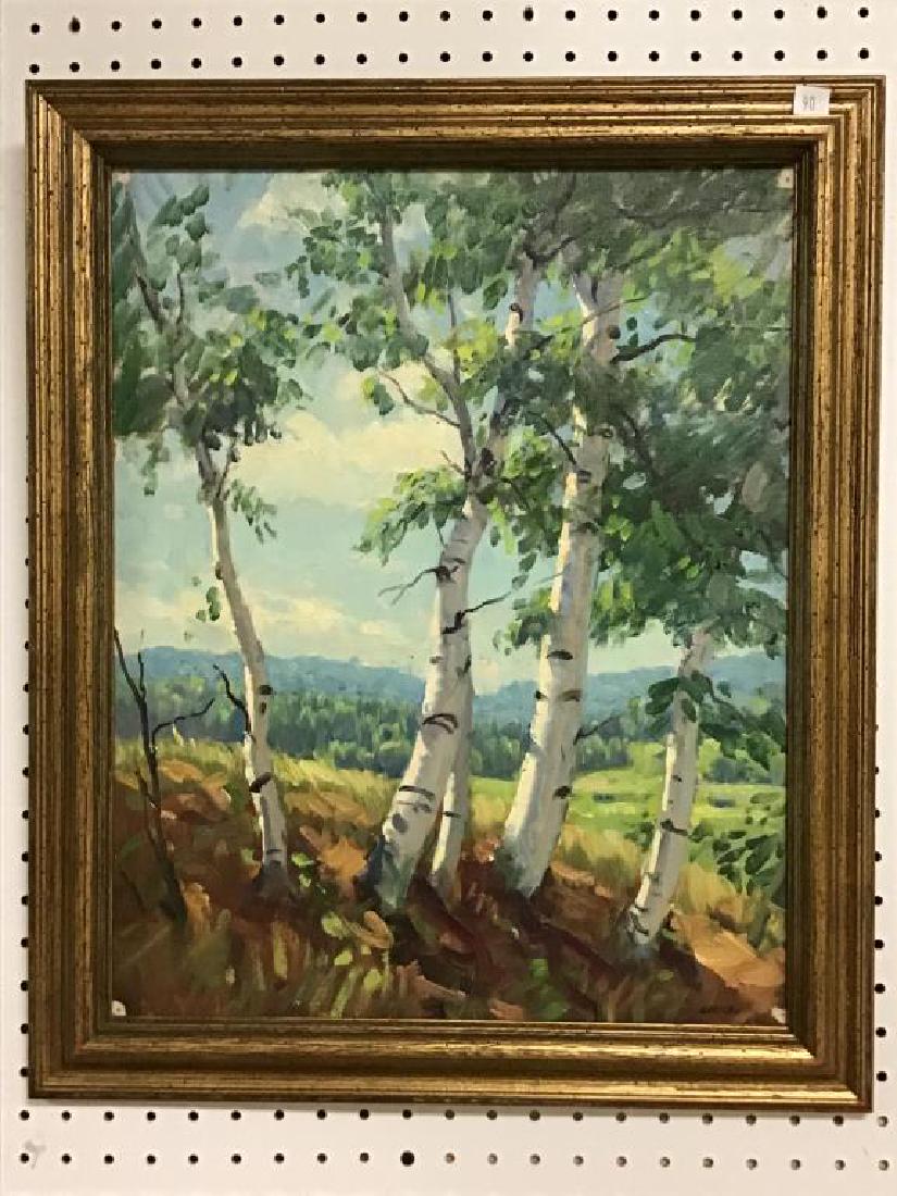 Summer Birch Trees by Ben Marcune: Framed painting on artist board by Ben Marcune, image of birch trees in the fall paint signed by artist bottom right. Paint loss visible at four corners from previous hanging, see photos. Image measur