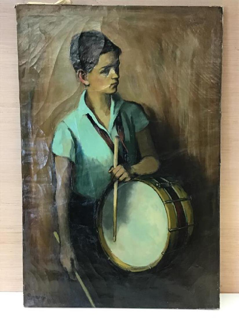 "Tom with Drum" by Albert B. Serwazi: Oil on canvas image of a young boy playing drum by American artist, Albert B. Serwazi (1905-1992), paint signed by artist bottom left and dated 1935. Crazing on canvas, see photos. Measures 44 inches