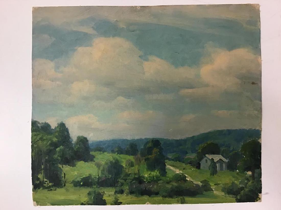 “Blue sky & small cottage" by Ben Marcune: Acrylic painting on loose canvas by Ben Marcune, image of a blue sky and plush clouds above a single, small cottage. Paint signed by artist bottom left in green grass. Canvas measures about 15 3/4 inc