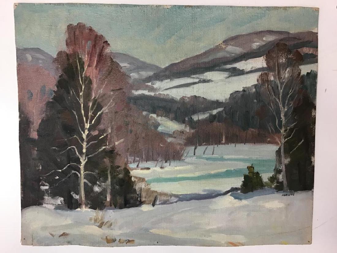 Landscape Loose Canvas by Ben Marcune: Winter scene painted on loose canvas by Ben Marcune. Paint singed by artist bottom right. in snow. Canvas measures about 14 ½ inches high by 18 inches wide.