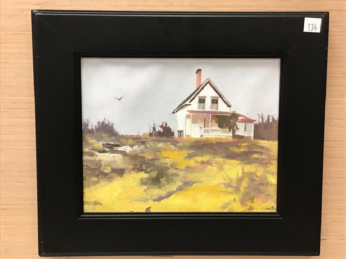 White house & Seagull by Ben Marcune: Acrylic painting on canvas by Ben Marcune, image of one seagull flying above a white house. No visible signature but it has been verified as Ben’s work and will be accompanied by a letter from his w