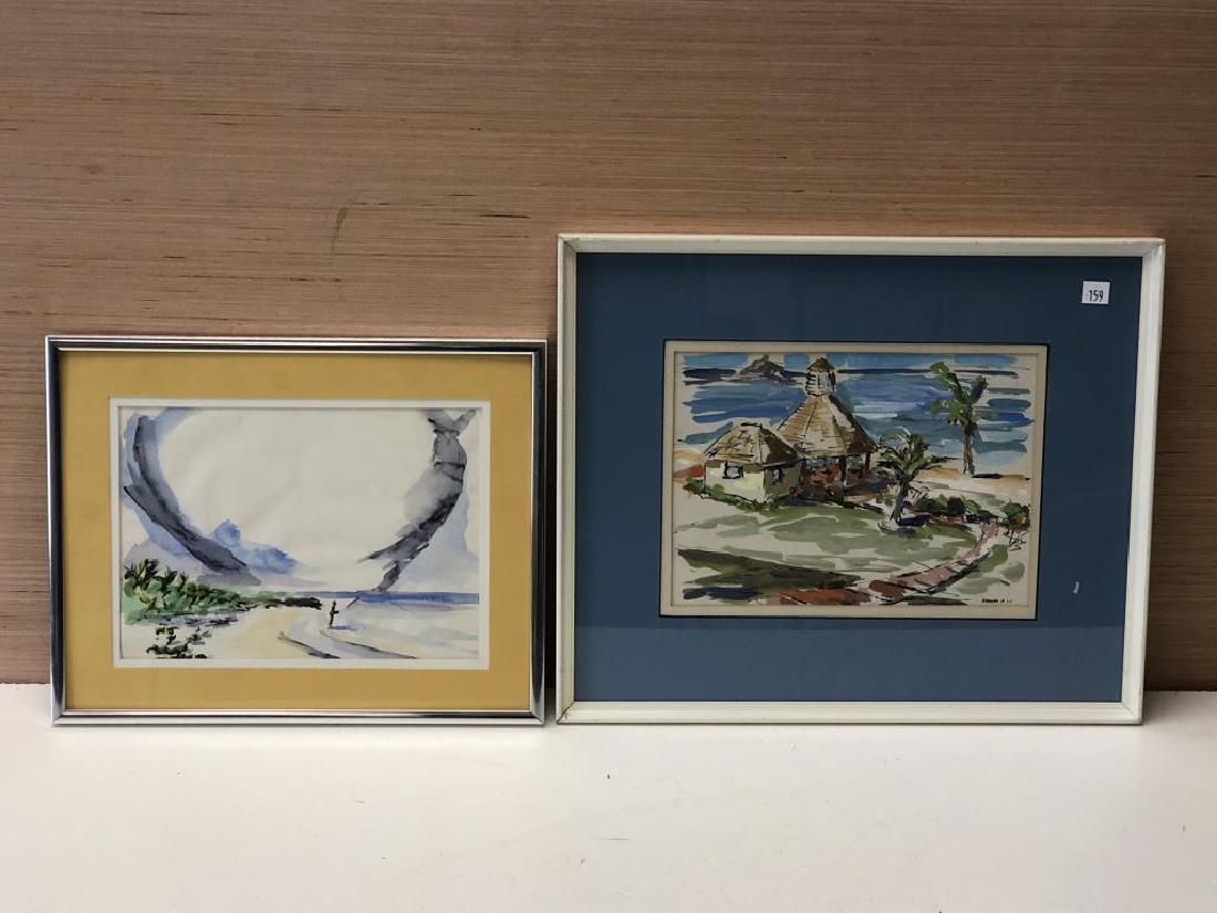 2 Framed Watercolors by Nolan P. Benner Jr.: Lot of two watercolors on paper by Nolan P. Benner Jr.. First image is a villa by the ocean, signed bottom right by Benner dated 1969. Second image of lone fisherman is unsigned, attributed by his Est
