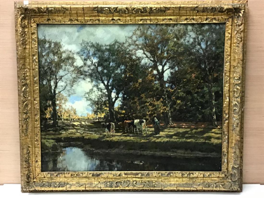 Oil on Canvas by Antonio Cortez: Oil painting on canvas set in gilt wood frame, paint signed bottom right by artist, Antonio Cortez. Image of a female herding three cows. Back of frame labeled "Cecilia Shieweck Paintings Milwalkee”