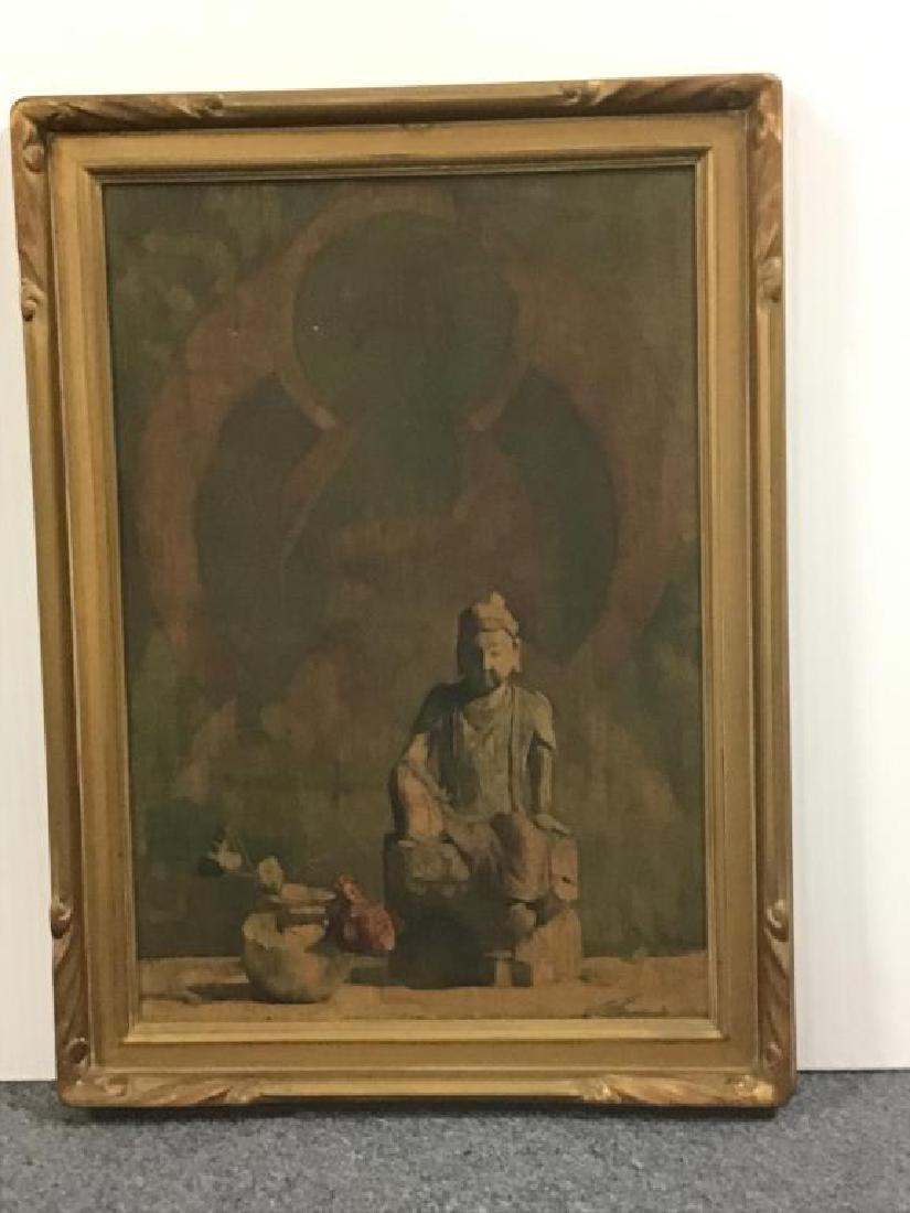 "When Autumn is Here" by Hovsep Pushman: Framed print by American contemporary artist, Hovsep Pushman (1922-1966). Image of a Chinese Buddah, a culture Pushman studied closely. Paint signed by artist bottom right. Image measures about 22.25 