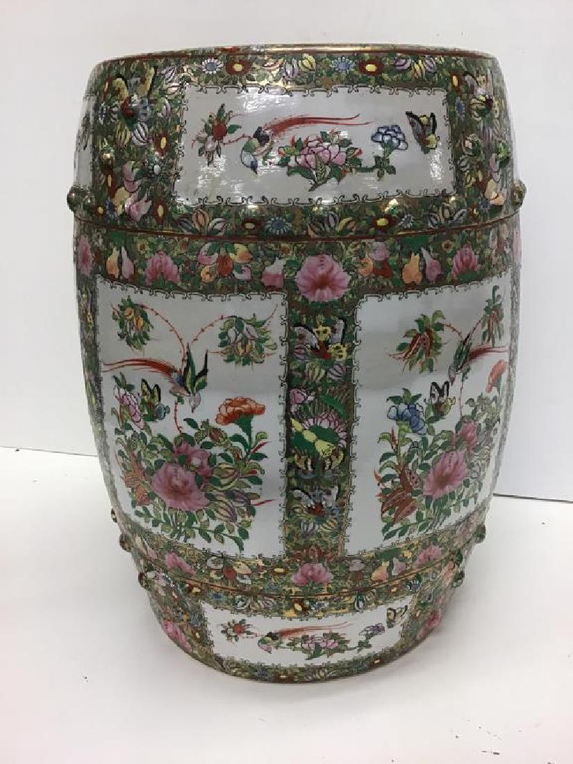 Rose Medallion Garden Seat: Nice ceramic rose medallion decorated garden seat, measures 18 inches high by just over 11 inches wide across top of seat.