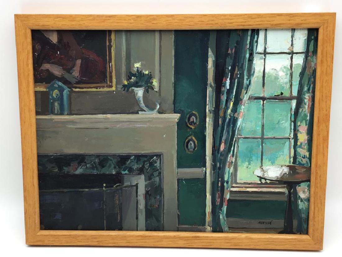 Oil on Board by Ben Marcune: Oil painting on wood board featuring a green home interior, paint signed bottom right by artist, MARCUNE, image measures about 11 1/2 inches high by 15 1/2 inches wide, set inside wood frame.