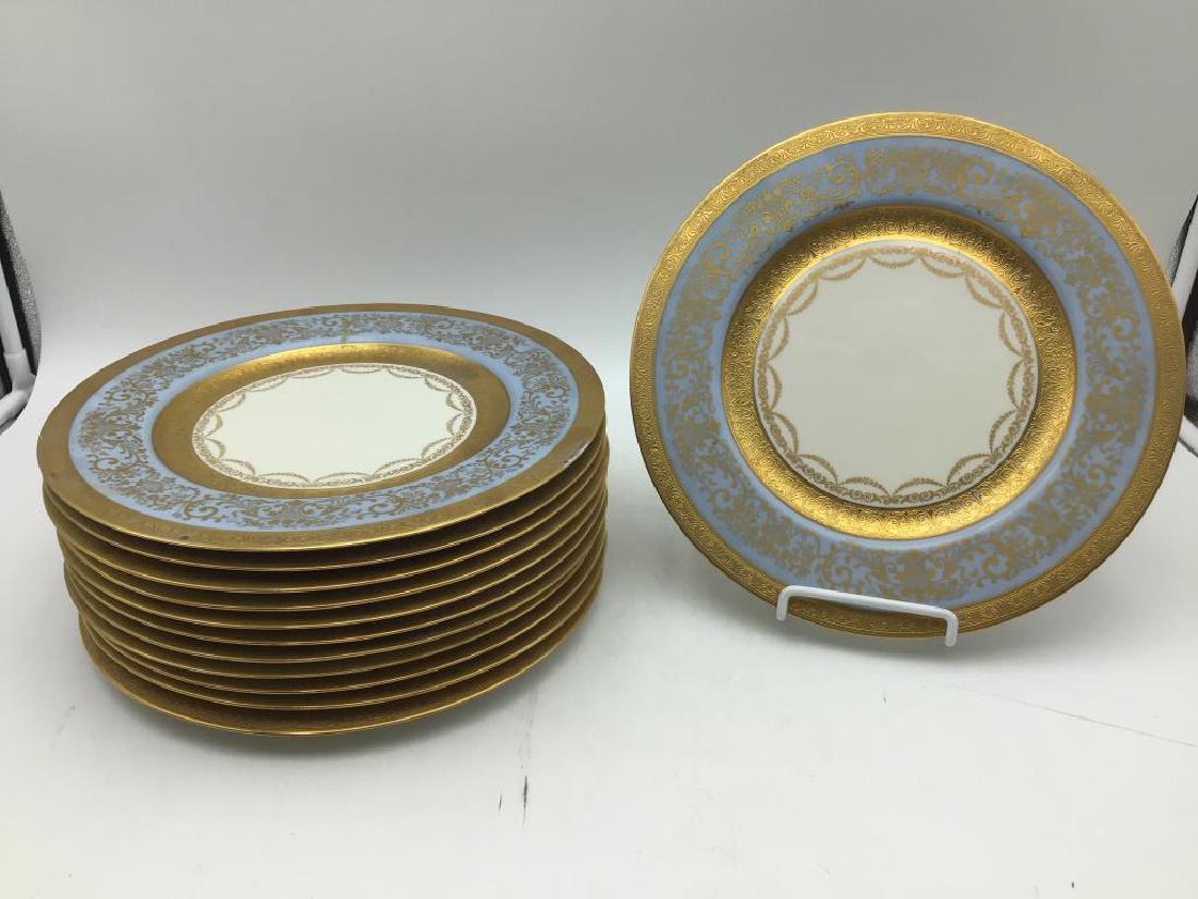 Set Laurelton ware service plates: Set of 12 fine china service plates, marked on bottom, "Laurelton Ware, Fine China, Fondeville New York." Nice light blue trim with gold gild, measure 10 3/4 inch diameter, minor spots on some trim, s