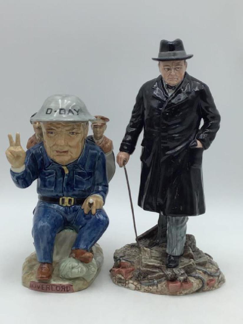 Lot of two Winston Churchill porcelain figurines: 12 inch tall Royal Doulton Limited Edition 792 of 5000 HN3433, 9.5 inch Staffordshire mug, Winston Spencer Churchill D Day Landings, Andy Moss, Limited 213 of 750. Provenance: From the Estate of Raymo