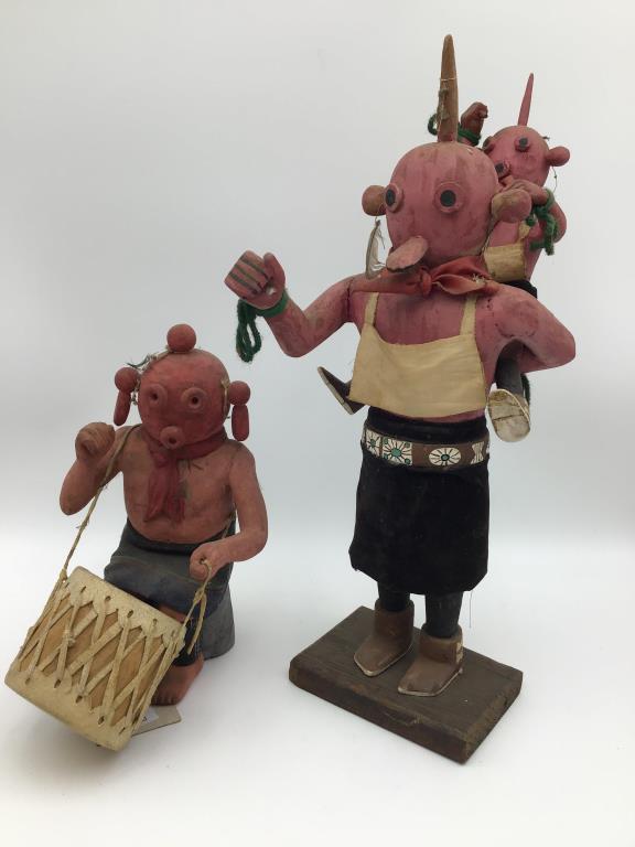 Two Hopi Kachina statues: Lot of two Kachina statues, one with tag from Museum of Northern Arizona HOPI Craftsman Exhibition, June 24, 1972, name: Clifford Honahni, place: Moenkopi, Article; Koyemsi Drummer Kachina, no. 12/16.