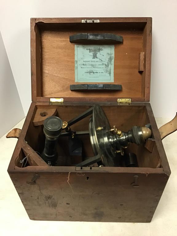 Engineers Level and Transit Case: Label inside for Engineers’ Level and Transits, Surveyors, Compasses, chains, tapes From Jame W. Queen & Co. of Philadelphia. The compass face is engraved W.J.L.E.Gurley Troy N.Y, J.W.Queen and Co. 