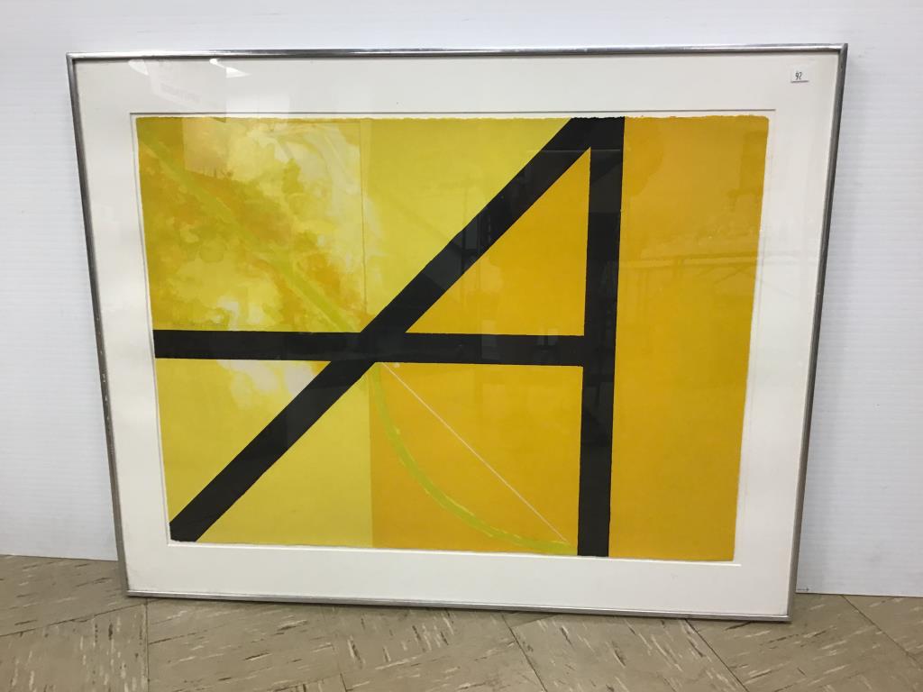 Framed Lithograph by Gio Pomodoro: Abstract painting on paper with yellow background and black lines done in mixed media, Pencil signed left side/center by listed artist, Gio Pomodoro (Italy 1930 - 2002), and pencil numbered 16/20. Lab