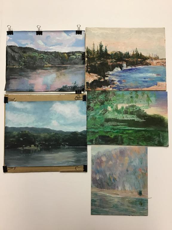 Six works from the Estate of Ben Marcune: Lot includes six paintings by Ben Marcune on artist board or canvas, all unframed, one is unsigned MARCUNE bottom left. Includes landscape and coastal images and one red bard. Although other works are