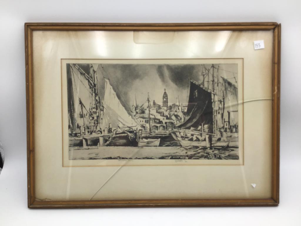 Earl Horter 1932 signed Etching: Framed black and white etching, image of docks titled in pencil bottom center "Gloucester Town." Pencil signed/dated by artist, "E Horter '32" last name slightly illegible, see photo. Glass of frame i