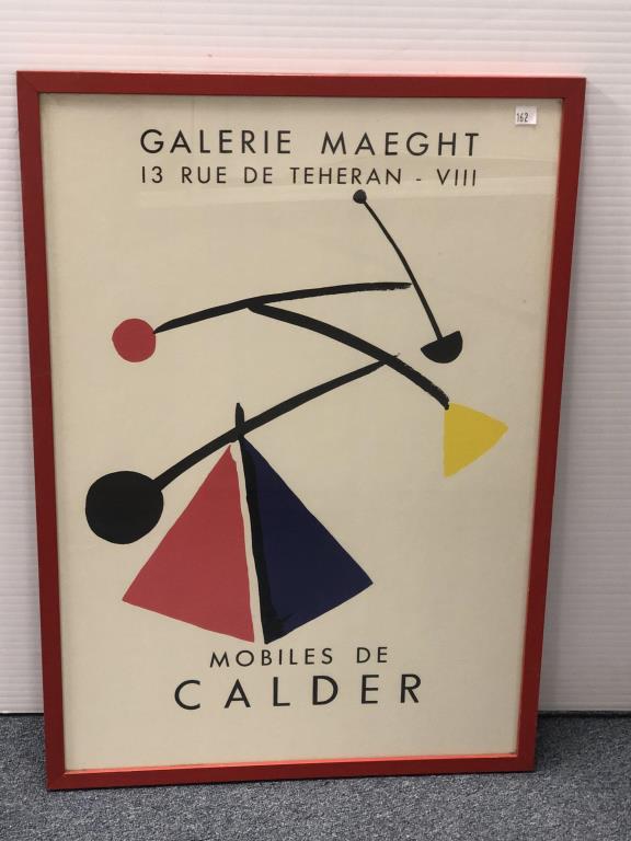 Alexander Calder Exhibition Poster: Red frame contains Alexander Calder French Exhibition Poster from Galerie Maeght “Mobiles De Calder.” Wood frame has minor paint loss. Measures about 29 1/4 inches high by 20 1/2 inches wide.