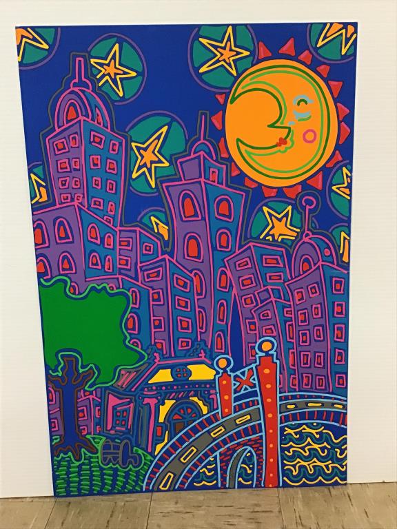 Pop Art "City" Print by Kip Frace: Unframed print by American pop artist, Kip Frace. Image of the a purple city skyline and orange moon, pencil signed/numbered/dated bottom right “KIP 1993 53/175." Good condition, measures about 42" 