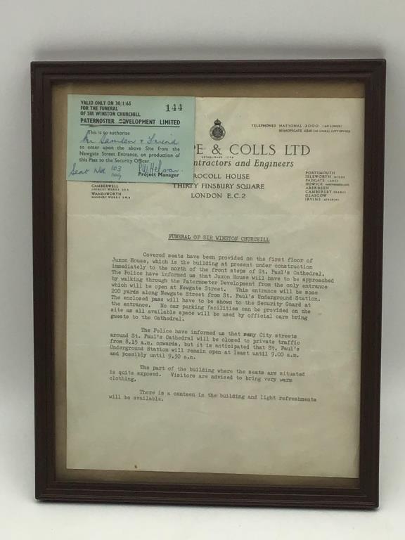 Churchill Funeral Memorabilia: Framed a letter announcing arrangements for the funeral of Sir Winston Churchill and ticket 144 authorizing Mr. Samsen and Friend to enter on January 30, 1965 signed by project manager P. W. HELSON. I