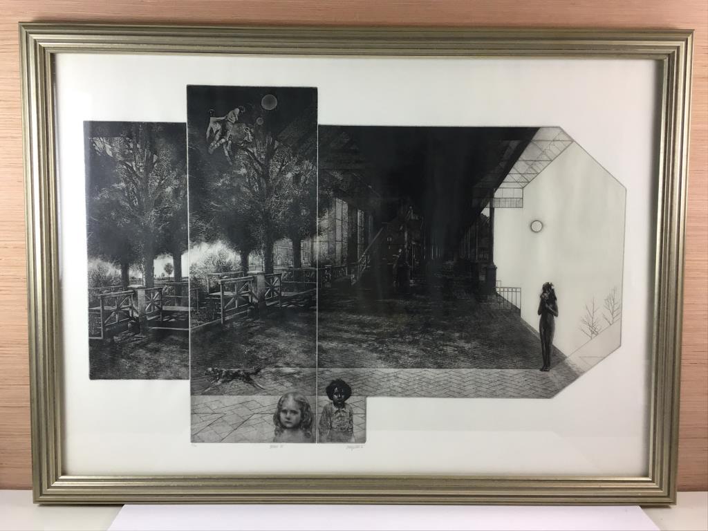 "Passage III" by Peter Winslow Milton: Framed etching on paper, pencil titled bottom center "Passage III" Pencil numbered bottom left 37/140, and pencil signed/dated bottom right, "PM Milton '72." Peter Winslow Milton is a 20th c. American