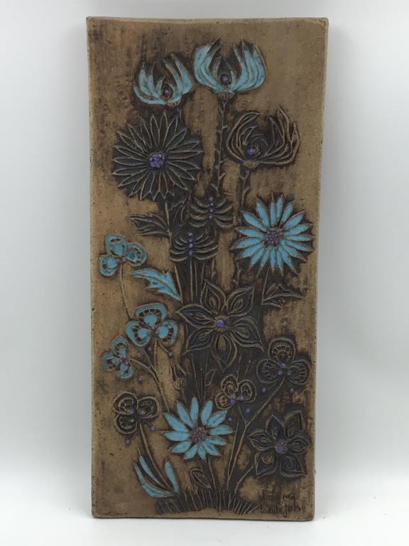 Littlejohn studio pottery plaque: Floral decorated stone wired for wall hanging, signed by artist bottom right Victoria Littlejohn, known for one of a kind pieces made using stoneware or earthenware. . Measures approximately 19 1/2 in