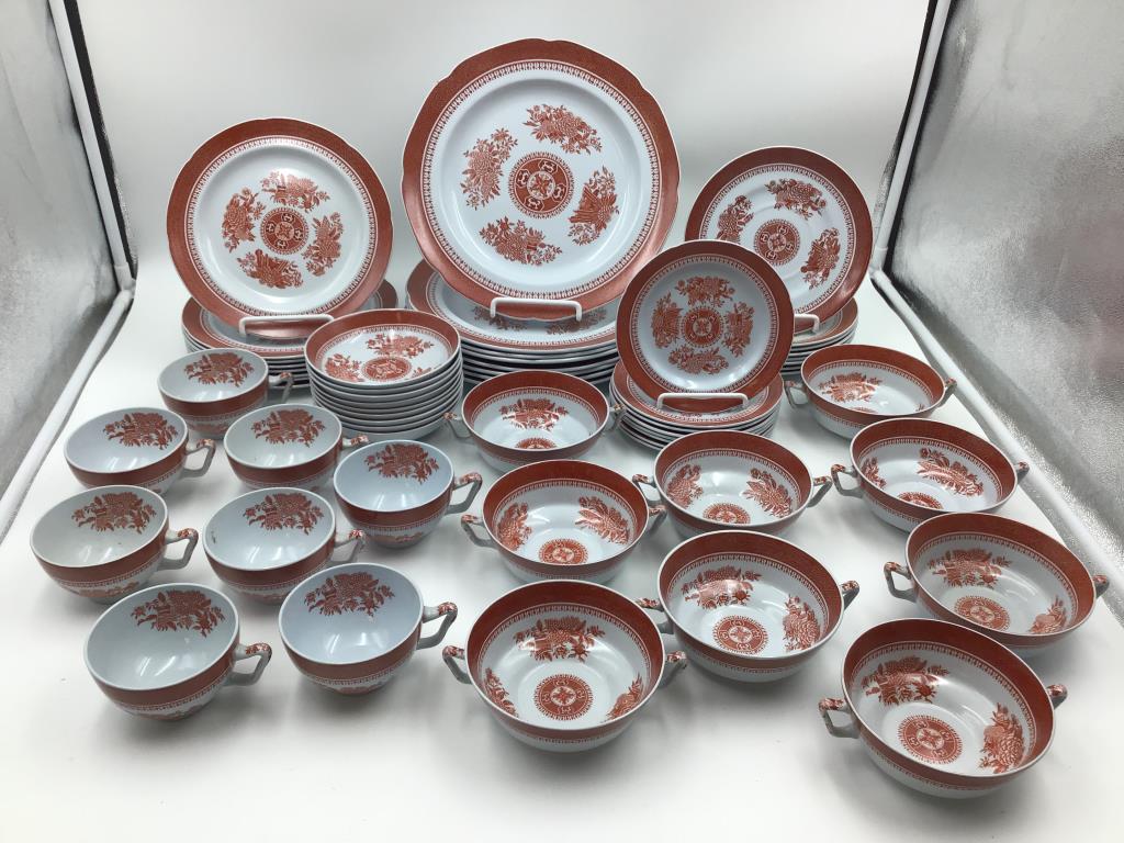 China Set by Spode, England: Lot includes 57 pieces- 8 dinner plates (10", some G200 series), 9 double-handle cups (2x5") and 8 saucers (7"), 7 bread plates (6", some marked E4), 8 salad plates (8"), 9 berry bowls (5", some marke