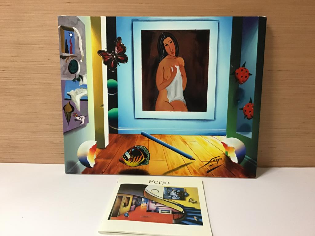 Surreal Painting by Ferjo: Colorful painting on unframed canvas, paint signed bottom right by artist, "Fergo" for Fernando de Jesus Oliveira (Brazil 1946). Surreal images inside a room, as he is known for. Image measures 16" hi