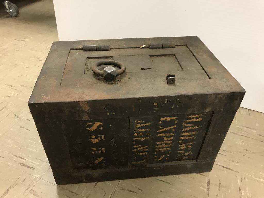 Rahwah Express Agency Antique Strong box: Heavy steel strong box, without key. Measures about 2 inches tall by 18 inches long by 12 inches deep.