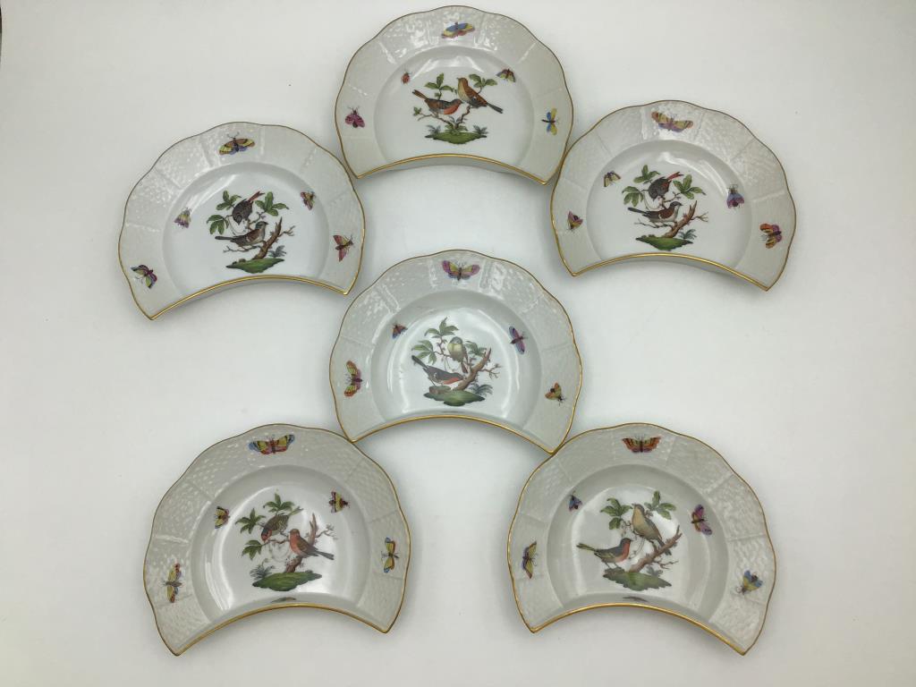 HEREND Crescent China Plates: Set of six fine china Crescent Plates by HEREND, Hungary, maker mark on bottom. Garden pattern with birds and butterflies. Nice condition, measure 5" high by 7 1/4" wide.