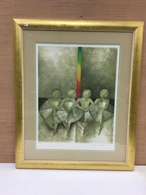 Framed print by Graciela Rodo Boulanger: Framed print featuring stylized image of four child ballerinas. Pencil labeled E.A. and pencil singed bottom right by Graciela Rodo Boulanger (Bolivian 1935). Image measures 25" high by 19" wide.