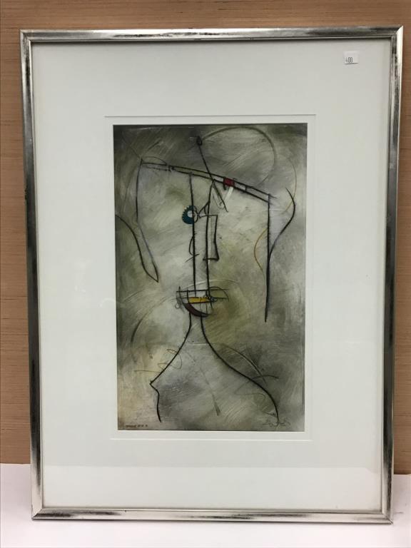 Framed Painting by Eric Waugh: Framed abstract painting set behind glass, signed in gold ink by modern American artist, Eric Waugh. Left bottom reads "SANDS #10 A" Image measures about 30" high by 22" wide.