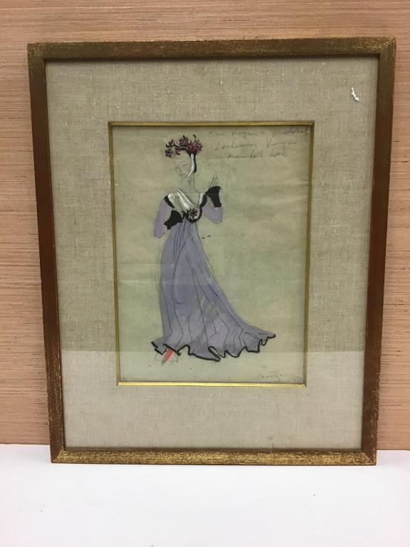 Signed Fashion Illustration: Fashion drawing with pencil notes at top with subject's name "Annabelle Lyon", paper set behind glass in frame, pencil signed bottom right, "Mortz" (somewhat legible). Nicely framed, image is 13" high