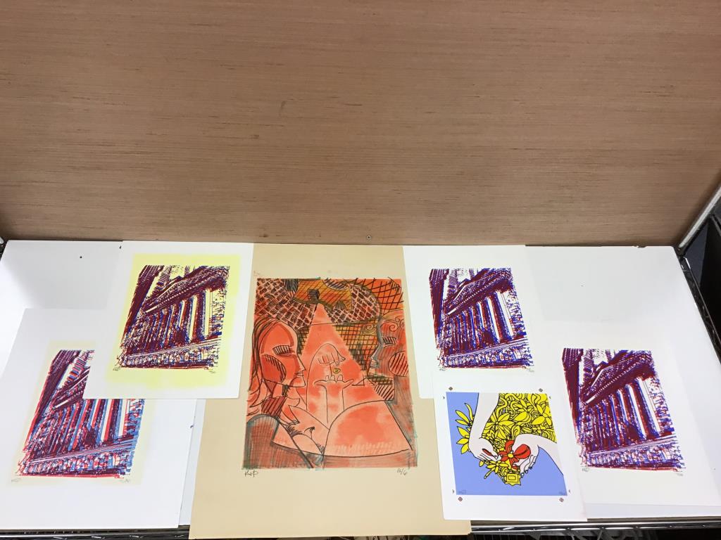Six Kip Frace Prints: Lot of six pop art prints by Kip Frace. Four are from the same series, pencil signed and numbered. One image of hands on flowers signed and numbered 39/30. Largest with orange figures is signed, numbe