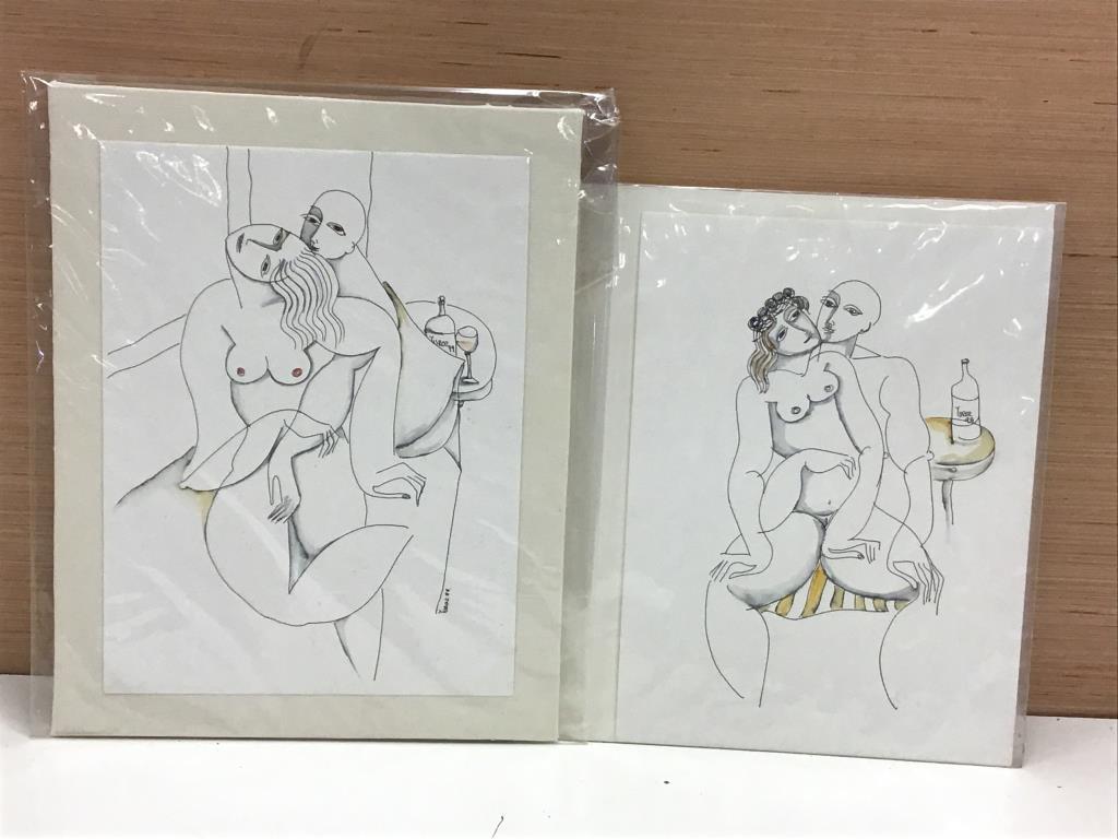 Two Watercolors on Paper by Yuroz: Lot of two watercolors on paper by living aritst, Yuri Yuroz (California / Armenia (born 1956). Signed Yuroz and dated '99 in wine bottles. Nude figures on both, unframed, largest measures about 12x9 