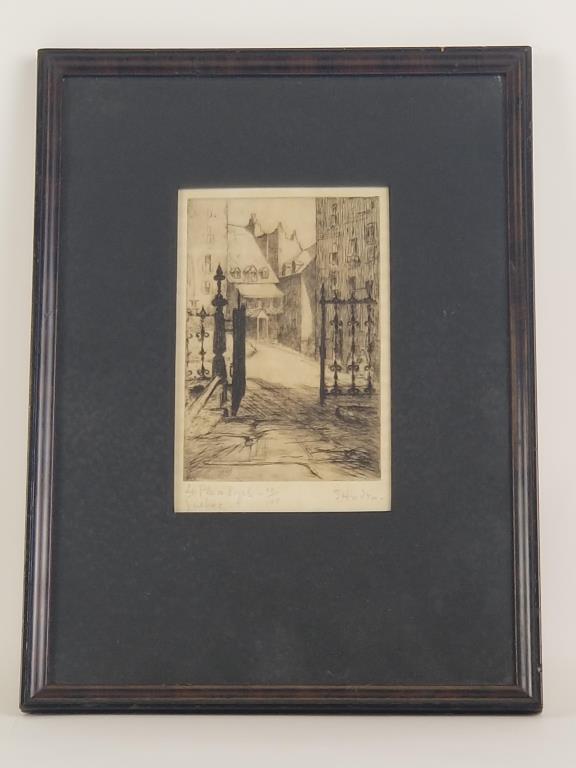 Etching of La Place Royale, Quebec: Illegible signature of artist in pencil, numbered 10/100. Image measures 7" x 4 1/2"