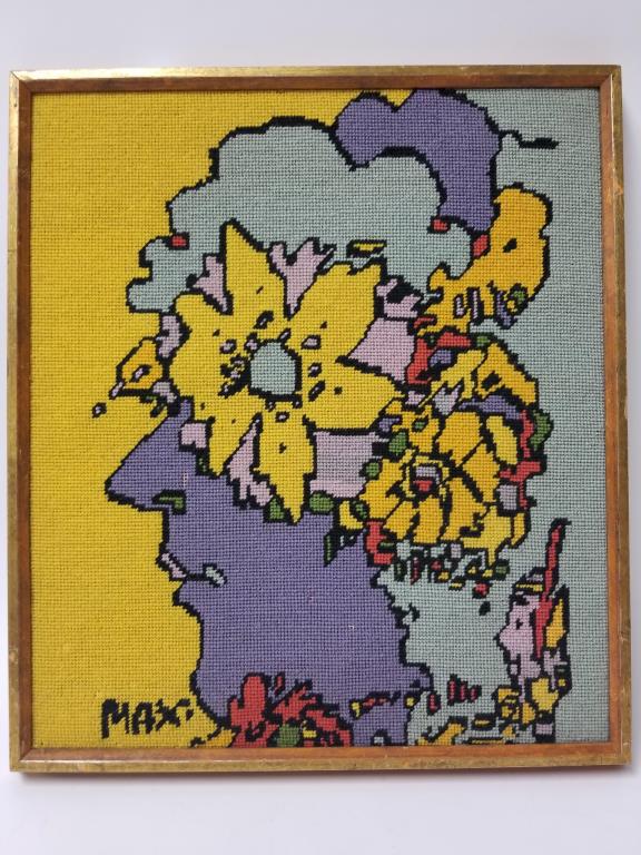 Peter Max framed embroidery art: Peter Max silhouette in embroidery, 17" x 14"