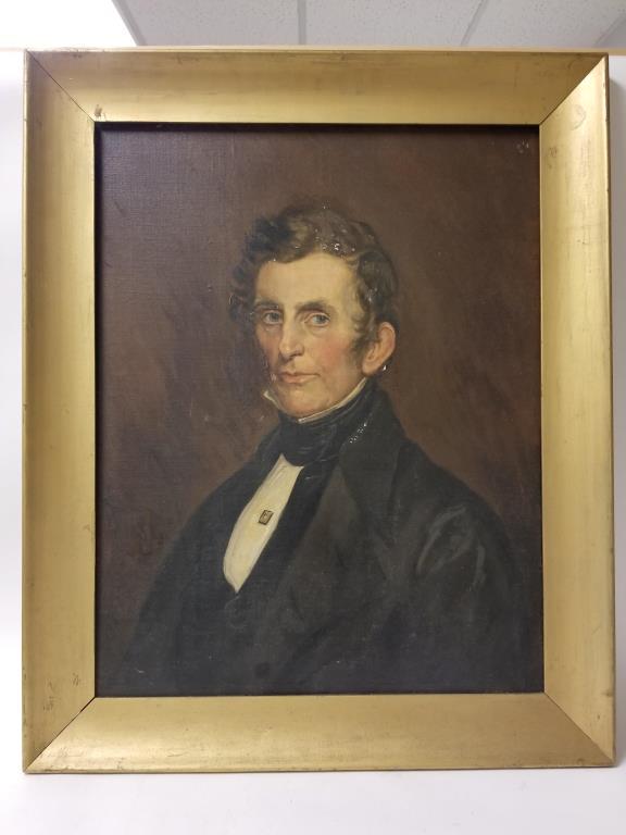 Oil on canvas on board, Portrait Pres John Tyler: Some paint loss, appears to have been touched up, unsigned. Needs to be resecured in frame. Art is 28" x 22"