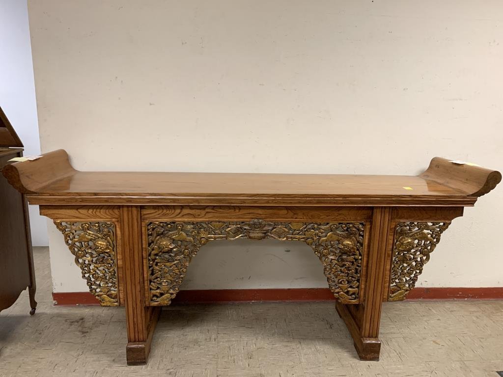 Antique Chinese Altar Table: An exquisite, antique altar table purchased & refurbished in Shanghai in the late 1990's, while living in China. It is a very large piece measuring 96' wide by 43" high and 22" deep to stand out in an