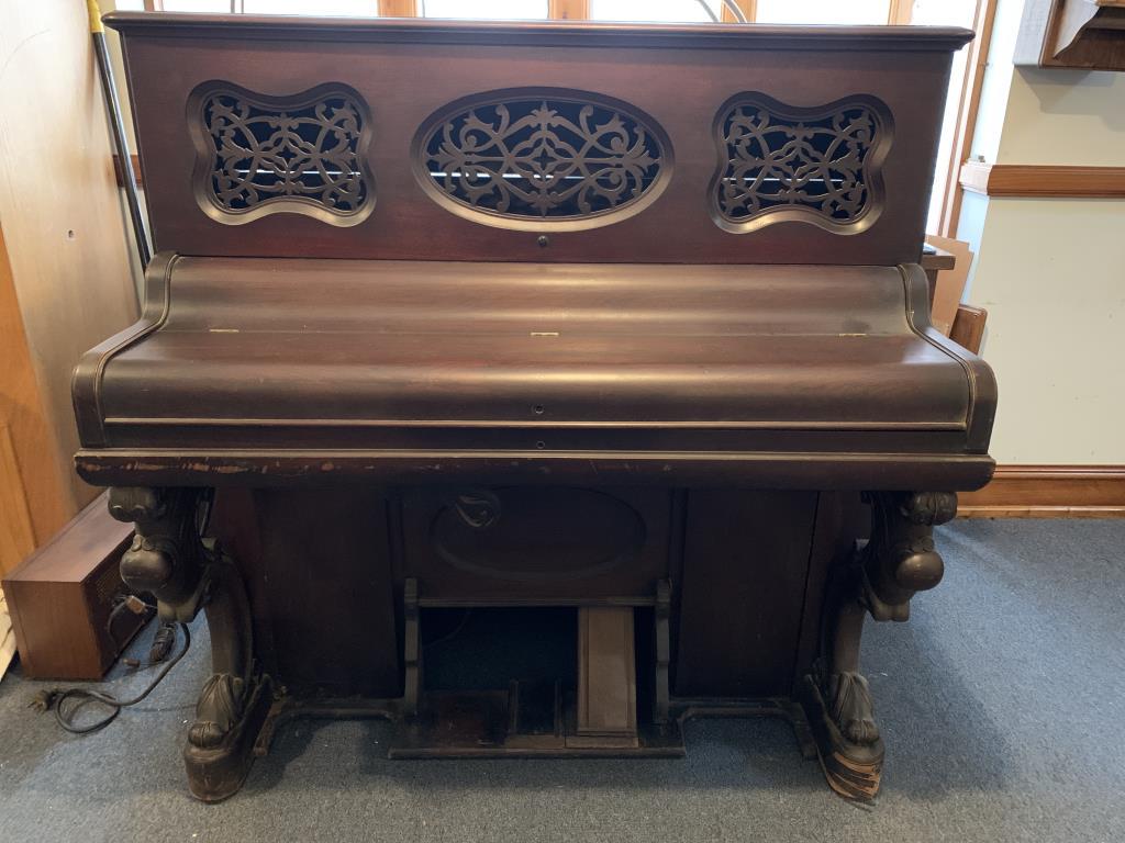 John Pettit Small "Piano Cased" Reed Organ: John Pewttit of Jackson, Michigan, May 1870 #2591. Sold by Haas Organ Co. Los Angeles, CA. Converted to electric pump, and tries to play. Piano cased organs are exceedingly rare today, as there were o