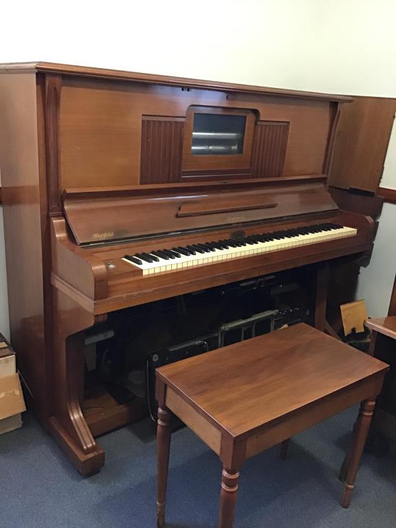 Hupfeld Ronisch Triphonola Foot Impelled Piano: Foot Impelled Semi-Reproducing Piano for restoration. SN #2769, this beautiful medium to light walnut case in very nice to almost excellent original condition, with matching bench. Made and originally