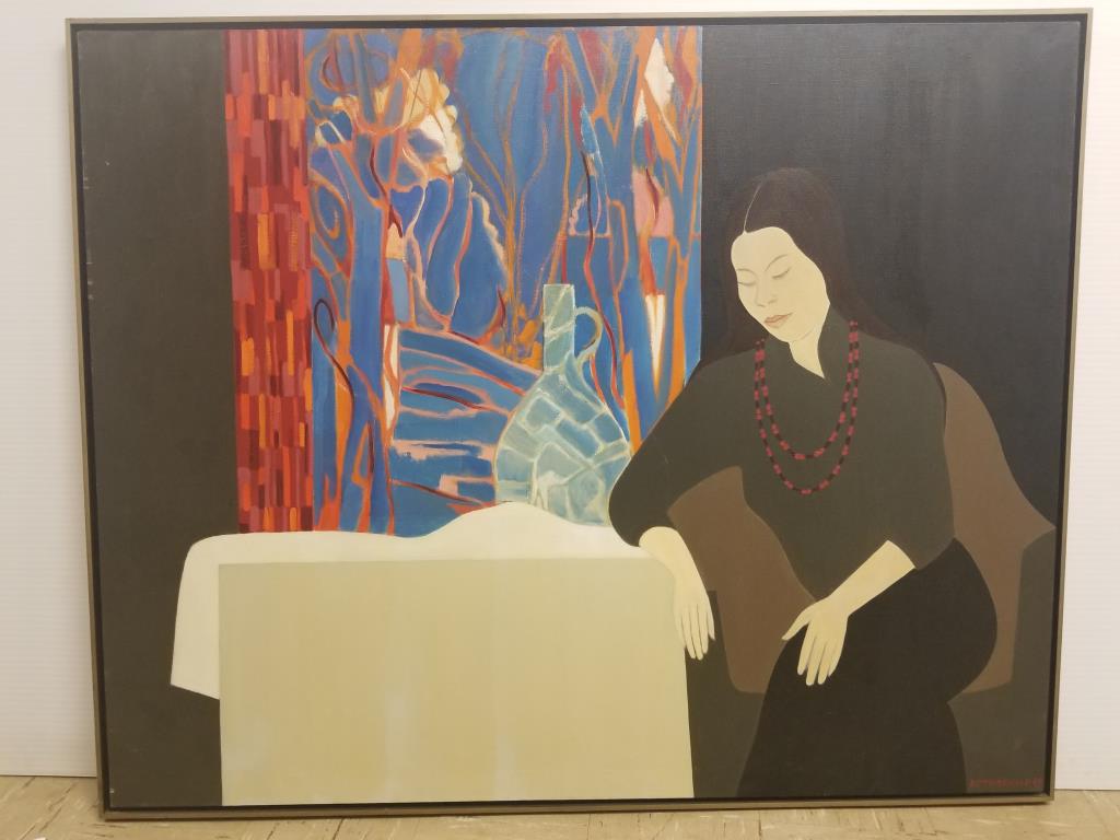 Large oil on canvas signed Rothschild 69: Colorful image of a seated woman, signed Rothschild 69 in front and Rothschild on back. Measures 51 inches x 41 inches.