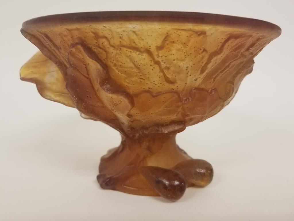 Contemporary Daum Amber crystal art glass bowl: Figs and leaves on the exterior. Mostly amber with hues of green. Measures 4 inches tall x 6 1/2 inches in diameter.
