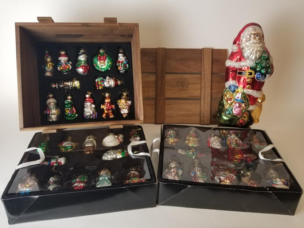 Set of 36 Thomas Pacconi ornaments & Santa: 2002 collection of 36 Thomas Pacconi Classics blown-glass ornaments and unmarked blown glass Santa. Santa measures 14 inches tall.