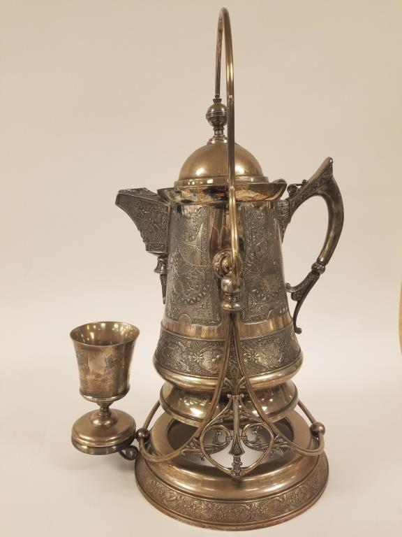 Derby Silverplate Flagon, cup & cradle and server: Victorian Derby Silver Co Quadruple plate and Webster silverplate covered Heavily decorated with insects, spiders and flowers. Flagon coffee pot, serving cradle and cup are all matching. Cradle measur