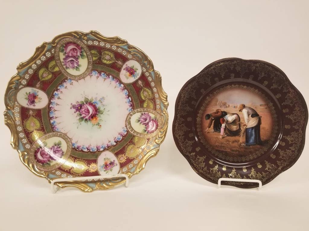 Early Nippon charger plate and Royal Vienna plate: Early Nippon charger is hand painted with gold trim, measures 12 inches in diameter. Royal Vienna pictorial plate is marked on the back, measures 9 1/2 inches in diameter.