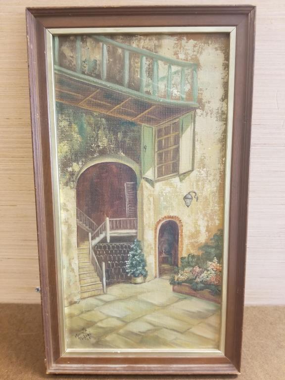 Oil on board Marcella Packard: a courtyard in the French Quarter, New Orleans, signed by artist Marcella Packard.