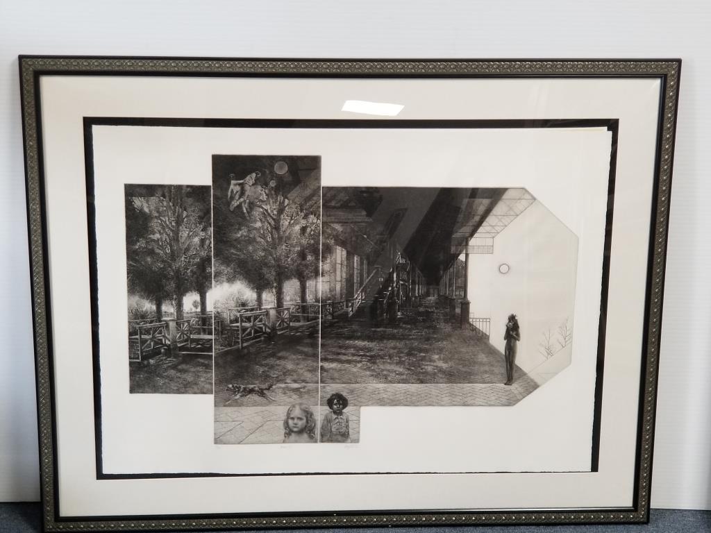 Passage III, engraving Peter Winslow Milton: Milton engraving print, signed P. W. Milton 72, and numbered 109/140, Image measures 41 inches x 30 inches. Print has shifted within the frame, image in very good condition