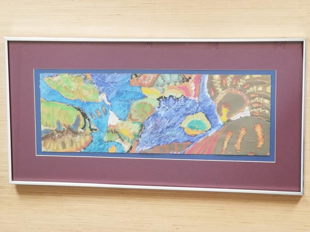 Greg Weaver, Indian Overlooking the Falls: Greg Weaver oil pastel torn paper collage. Titled, Indian Overlooking the Falls, 1973. Image measures 23 inches x 8 inches