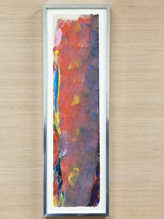 Greg Weaver abstract: oil on torn paper, signed by artist. Image measures 22 inches x 5 1/2 inches.
