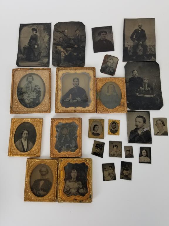 Lot of antique photographs: appears to be a few daguerreotypes and tin types. Several in antique frames. Larger photos measure approx 3 inches x 3 1/2 inches.
